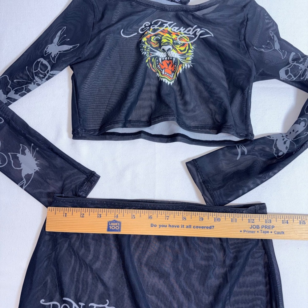 Ed Hardy Mesh Set Small Black New Tiger Snake Spiderweb Rhinestone Y2K Crop Maxi - Picture 6 of 8